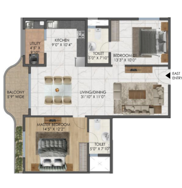 2 BHK 1063 sqft floor plan at Mana Cresta