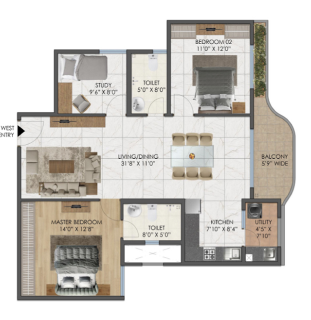 2.5 BHK 1109 sqft floor plan at Mana Cresta