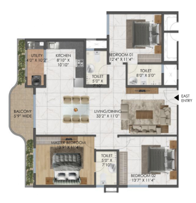 3 BHK 1338 sqft floor plan at Mana Cresta